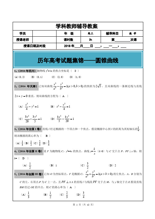 2012-2017年高考文科数学真题汇编：圆锥曲线老师版