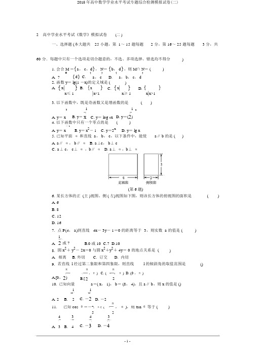 2015年高中数学学业水平考试专题综合检测模拟试卷(二)