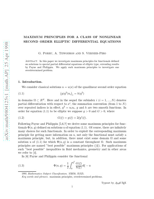 Maximum principles for a class of nonlinear second order elliptic differential equations