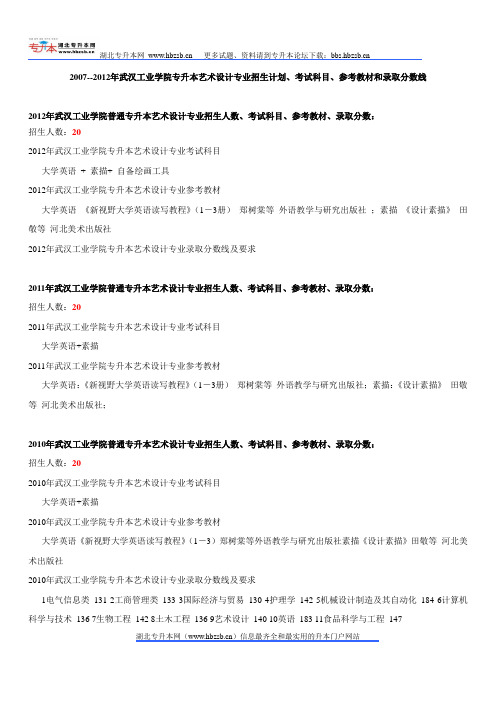 2007--2012年武汉工业学院专升本艺术设计专业招生计划、考试科目、参考教材和录取分数线
