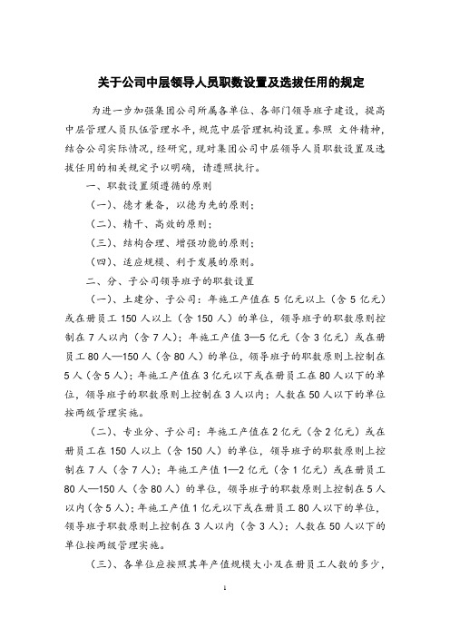 关于公司中层领导人员职数设置及选拔任用的规定