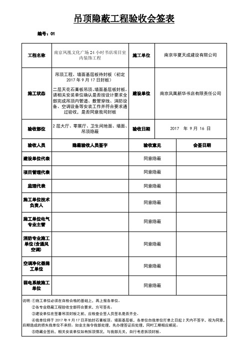 吊顶隐蔽工程验收会签表
