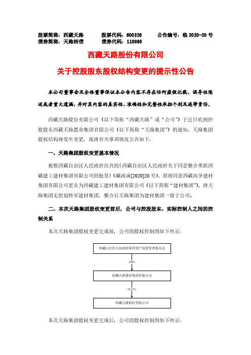 西藏天路：关于控股股东股权结构变更的提示性公告