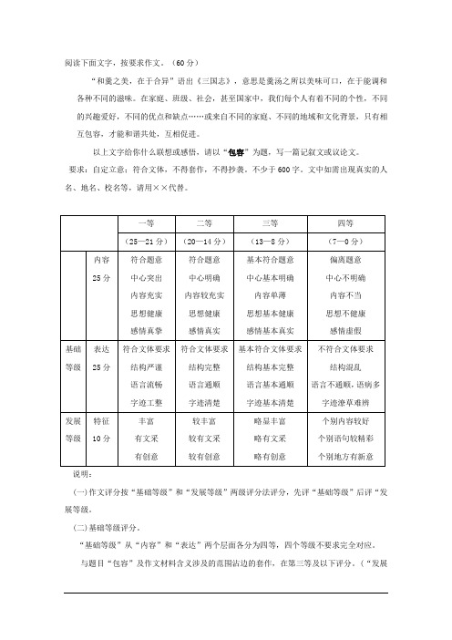 初中作文《包容》写作指导及评分标准