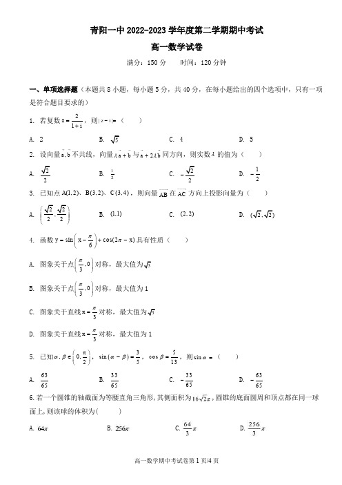 安徽省池州市青阳县重点中学2022-2023学年高一下学期4月期中联考数学试题及答案