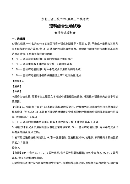 东北三省三校(哈师大附中、东北师大附中、辽宁省实验中学)2020届高三二模考试理科综合生物试卷及解析