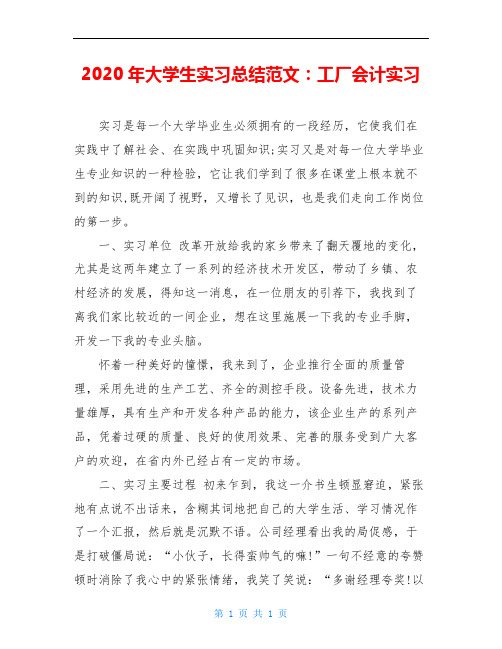 2020年大学生实习总结范文：工厂会计实习