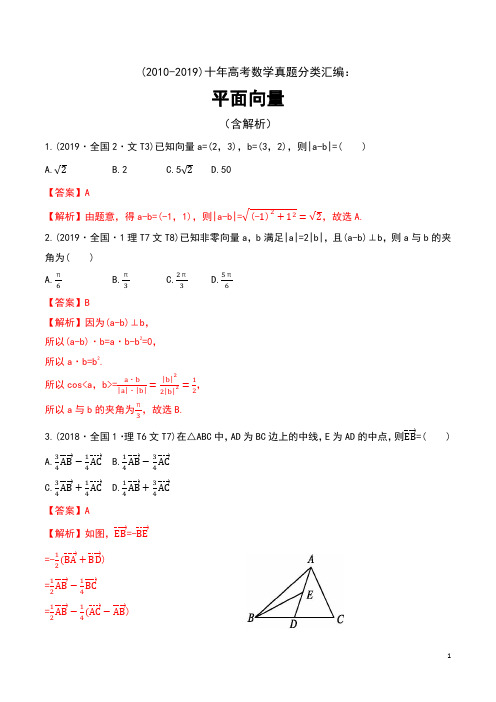 (2010-2019)十年高考数学真题分类汇编：平面向量(含解析)