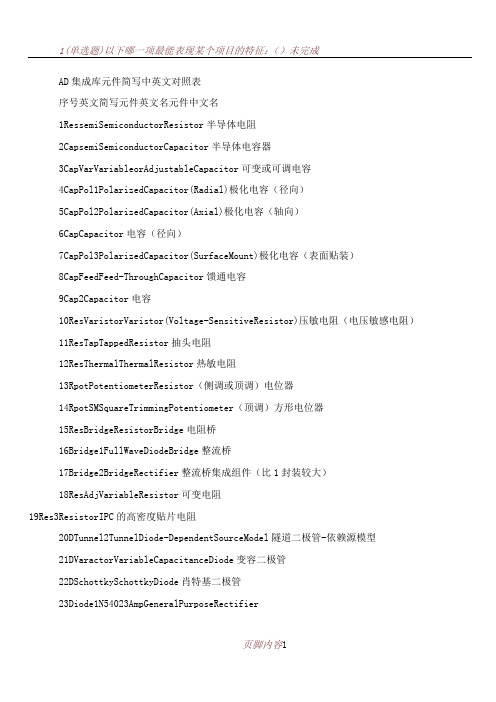 AD集成库部分元件中英文对照