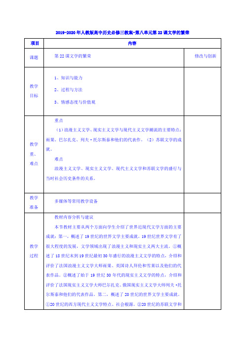人教版高中历史必修3第八单元 19世纪以来的世界文学艺术第22课 文学的繁荣教案(2)