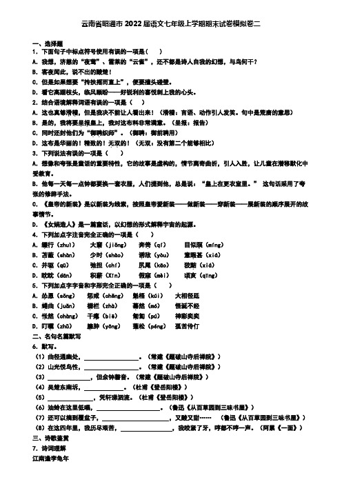 云南省昭通市2022届语文七年级上学期期末试卷模拟卷二