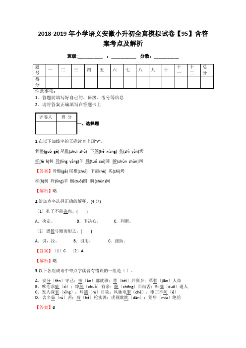 2018-2019年小学语文安徽小升初全真模拟试卷【95】含答案考点及解析