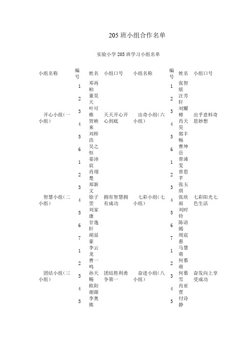 205班小组合作名单