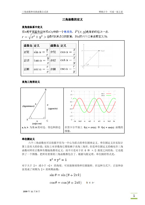 三角函数和双曲函数公式表