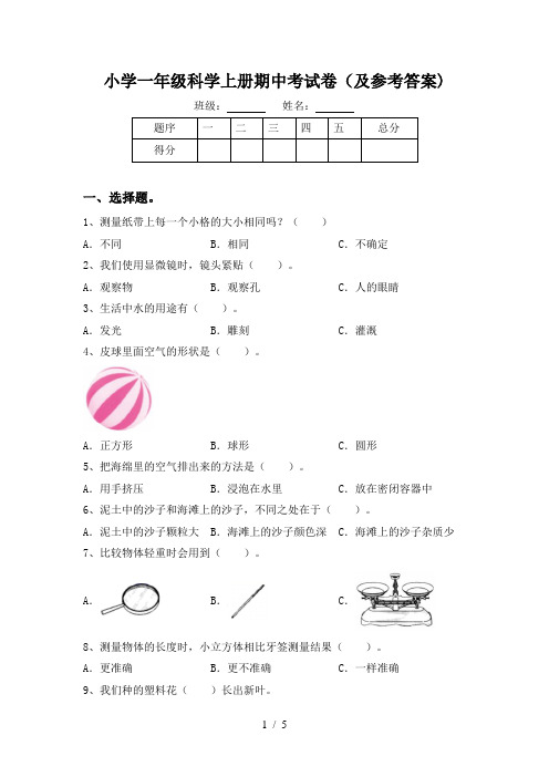小学一年级科学上册期中考试卷(及参考答案)