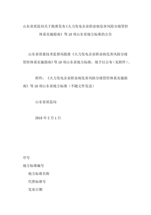 山东省质监局关于批准发布《火力发电企业职业病危害风险分级管控体系实施指南》等10项山东省地方标准的公告