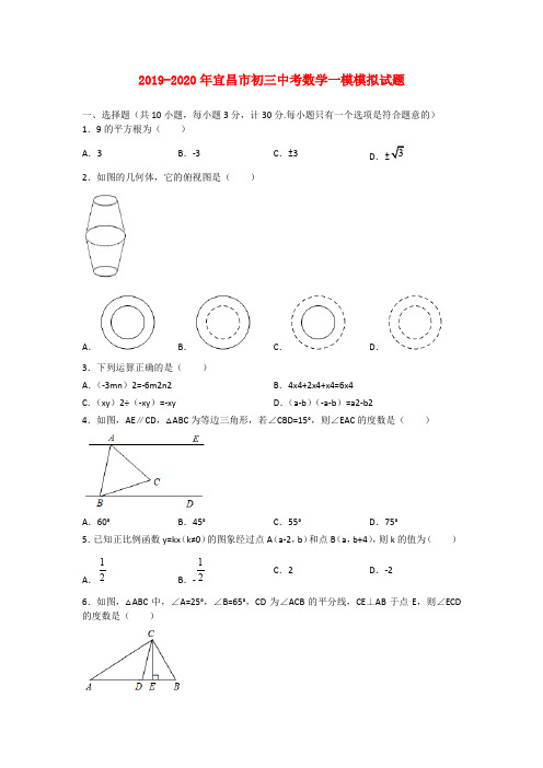 2019-2020年宜昌市初三中考数学一模模拟试题