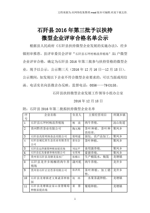 石阡2020年第三批予以扶持