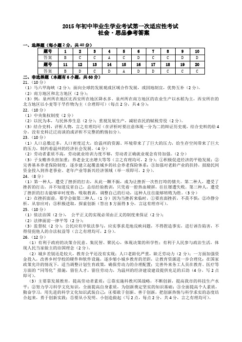 2015年初中毕业生学业考试第一次适应性考试试卷答案