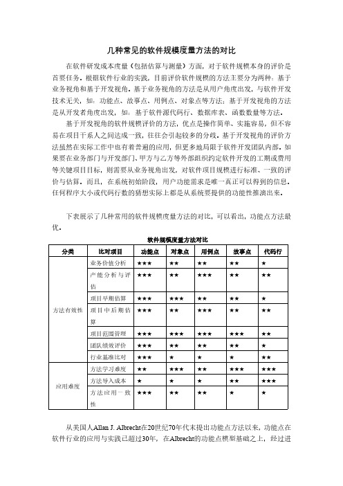 几种常见的软件规模度量方法的对比