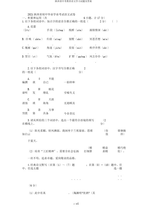 陕西省中考教育语文学习试题及答案