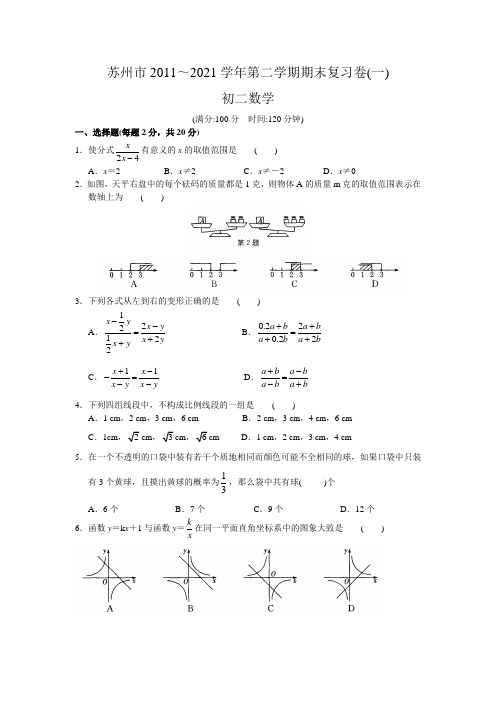 2021年苏科版苏州市初二数学下册期末复习题及答案(一)