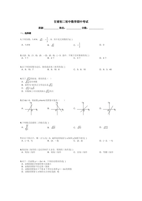 甘肃初二初中数学期中考试带答案解析
