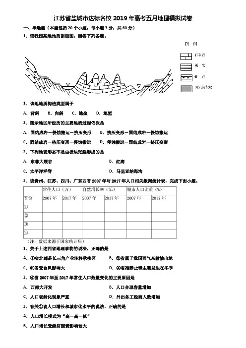江苏省盐城市达标名校2019年高考五月地理模拟试卷含解析