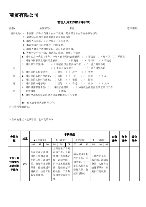 管理人员工作综合考评表