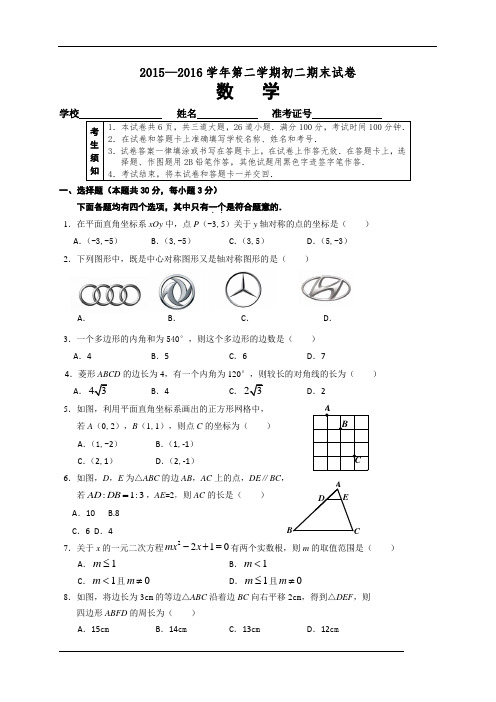 2015-2016学年八年级下学期期末考试数学试题带答案(精品)