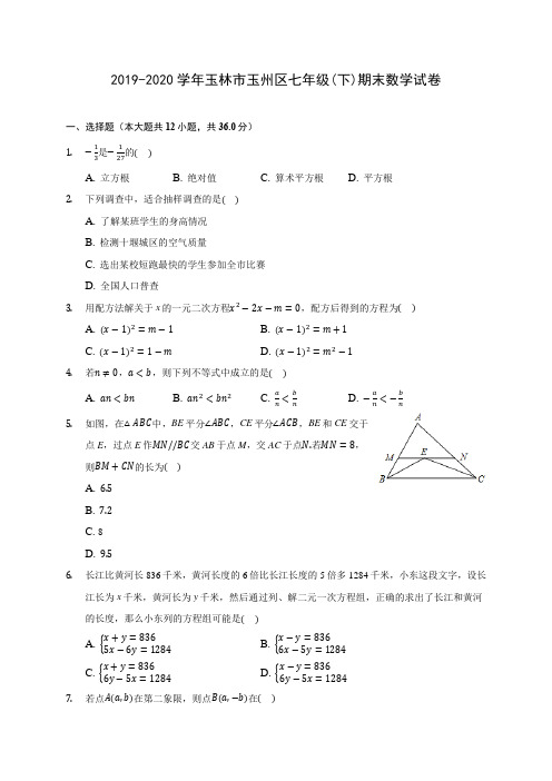 2019-2020学年玉林市玉州区七年级(下)期末数学试卷