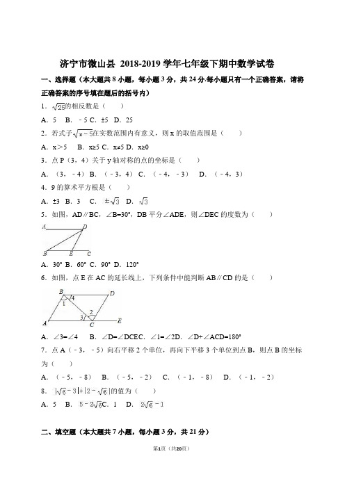 济宁市微山县 2018-2019学年七年级下期中数学试卷 