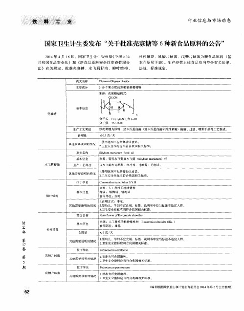 国家卫生计生委发布“关于批准壳寡糖等6种新食品原料的公告”