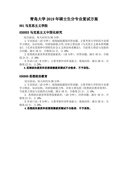 青岛大学2019年硕士生分专业复试方案