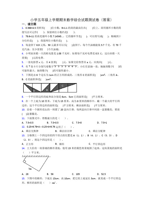 小学五年级上学期期末数学综合试题测试卷(答案)