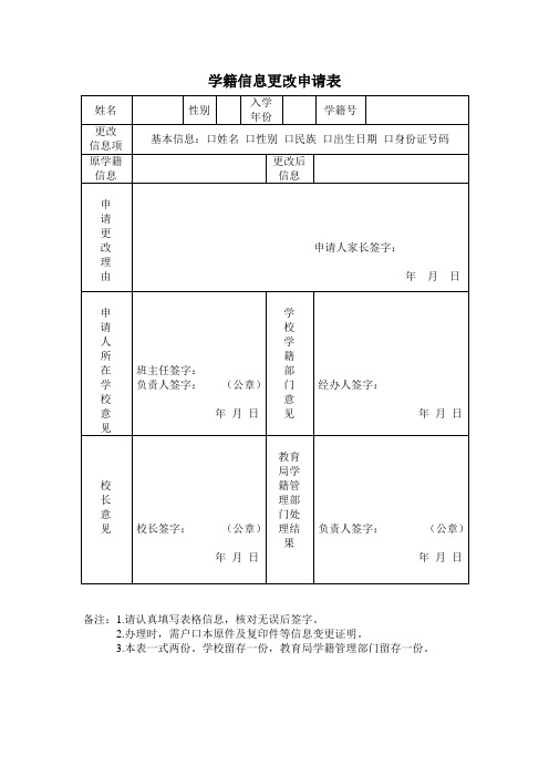 学籍信息更改申请表