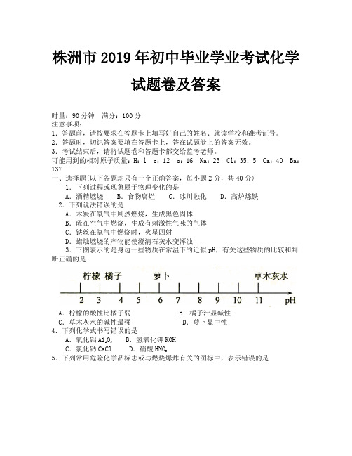 2019年株洲市中考化学试卷及答案
