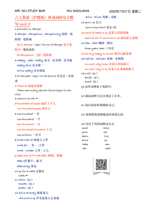 六上英语(沪教版)单词词组句子默写 Unit 5