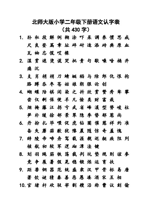 北师大2017版小学二年级下册语文认字表