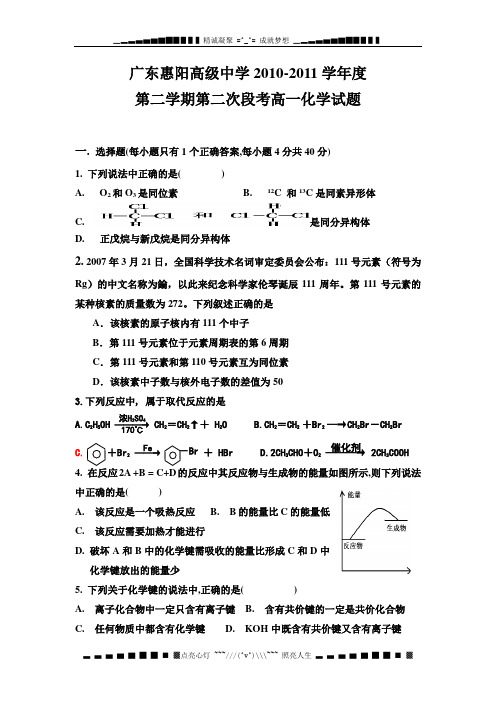 广东省惠阳高级中学10-11学年高一下学期第二次段考(化学)