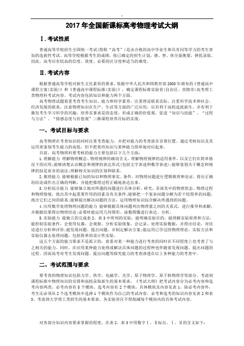 2017年度全国新课标高考物理专业考试大纲