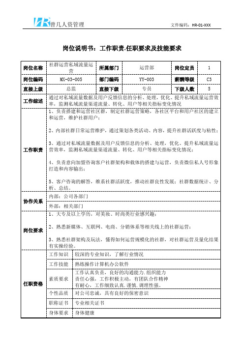 社群运营私域流量运营岗位说明书工作职责和任职要求