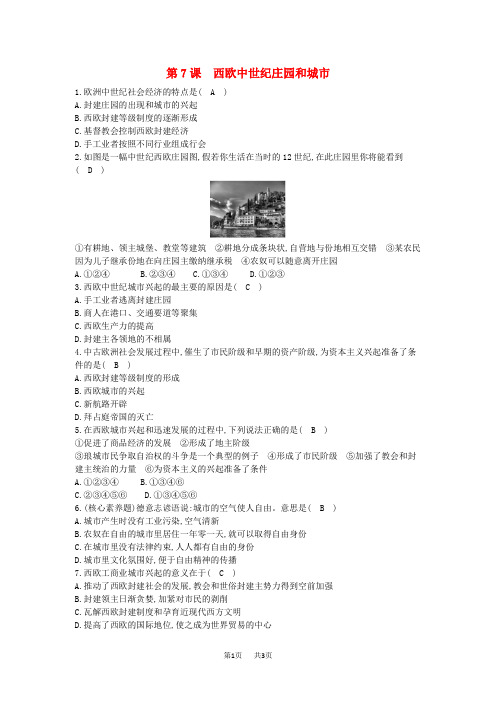 九年级历史上册第二单元中古时期的欧洲和亚洲第7课西欧中世纪庄园和城市课后练习中华书局版