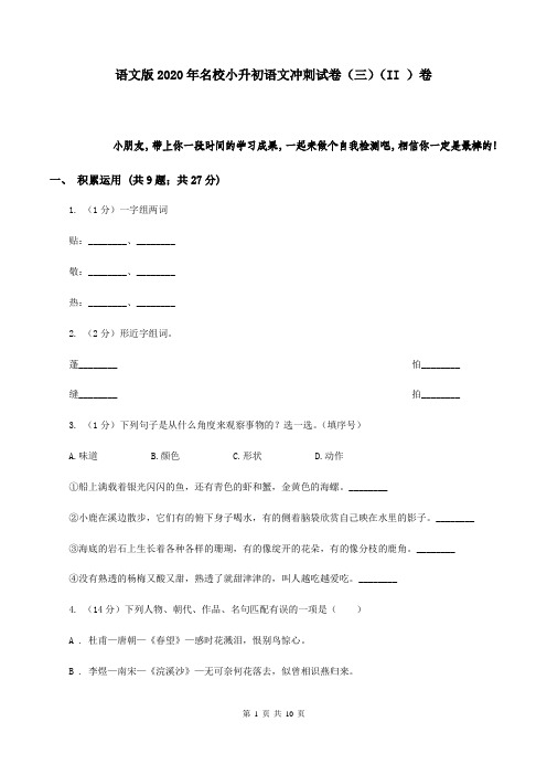 语文版2020年名校小升初语文冲刺试卷(三)(II )卷