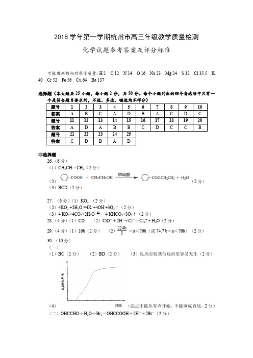 2018学年第一学期杭州市高三年级教学质量检测化学参考答案及评分标准