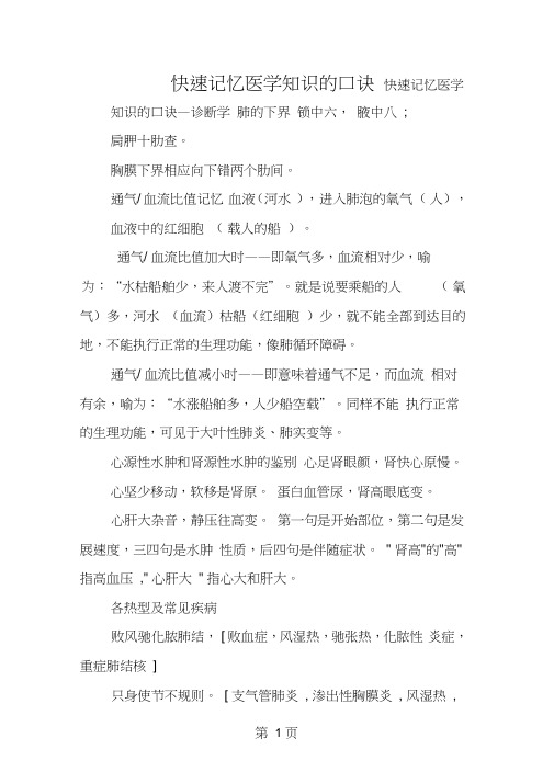 快速记忆医学知识的口诀