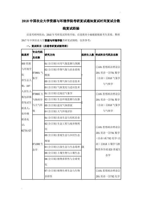 2018中国农业大学资源与环境学院考研复试通知复试时间复试分数线复试经验.doc