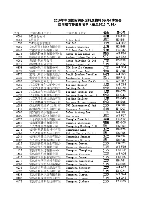 中国国际纺织面料及辅料(秋冬)博览会10月份国内馆名单