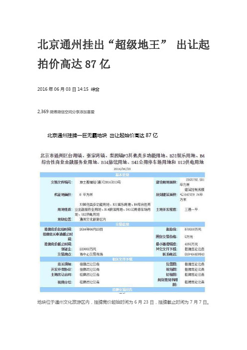 北京通州挂出“超级地王” 出让起拍价高达87亿