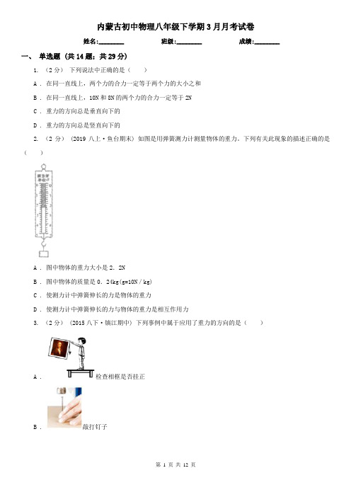 内蒙古初中物理八年级下学期3月月考试卷